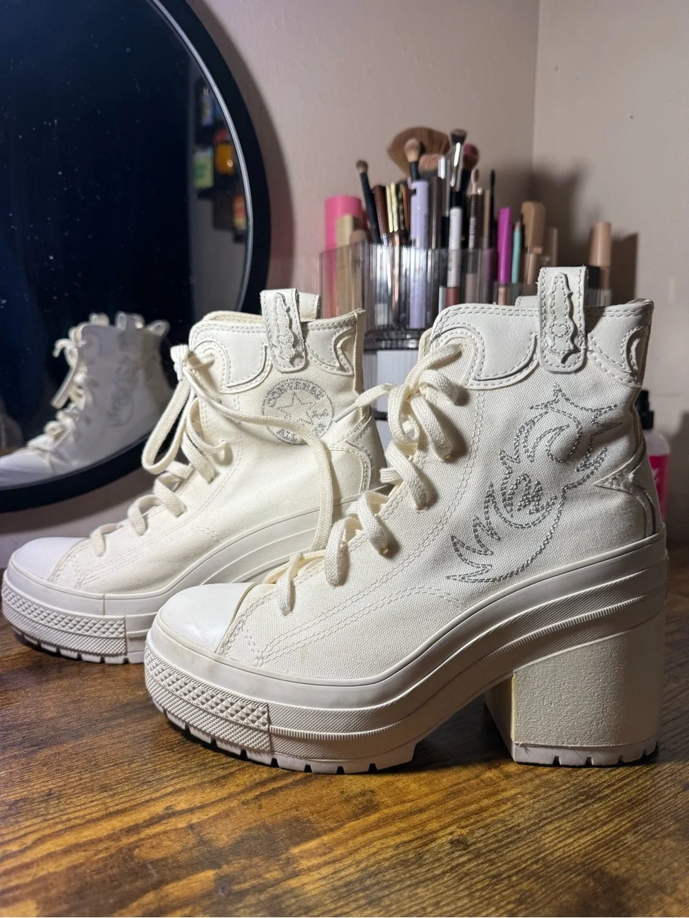 Converse Cream Platform Western Lace-Up High-Heel Boots